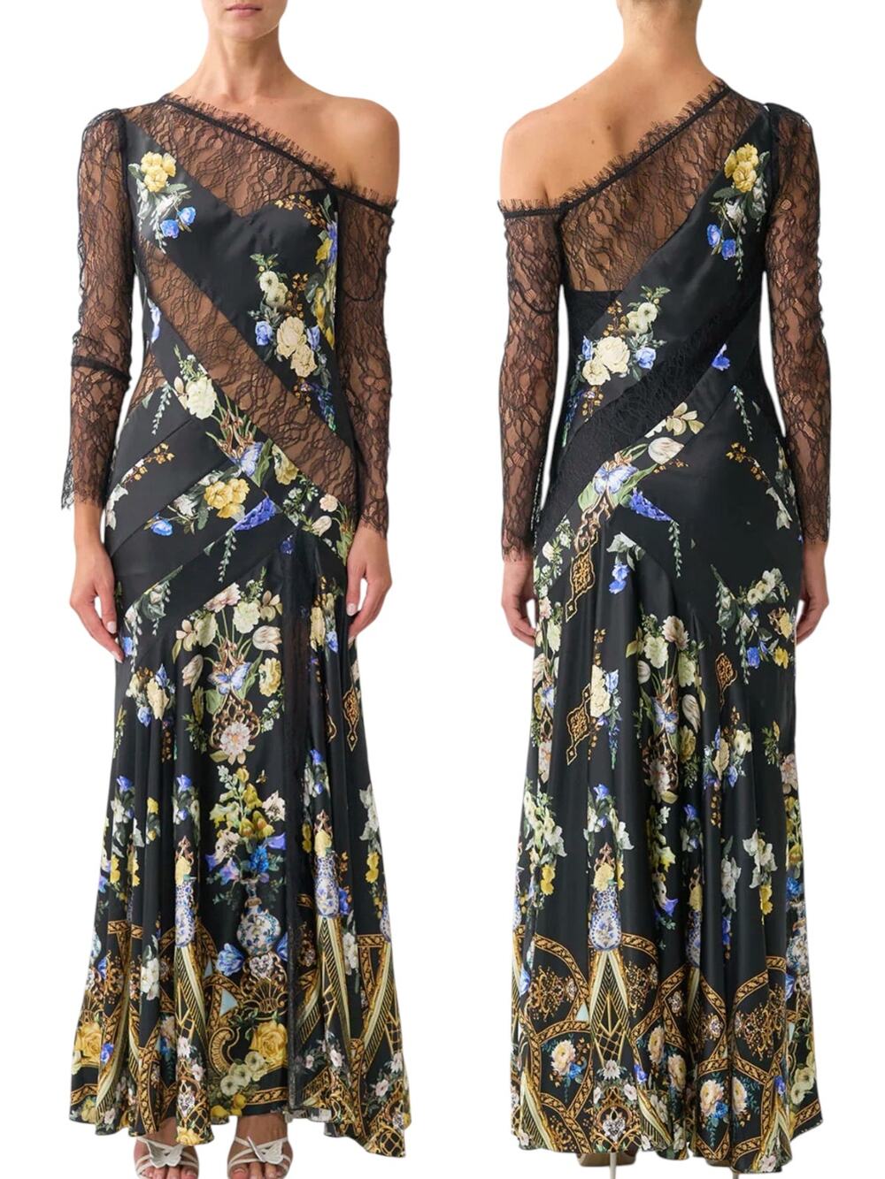 New Camilla Ottoman Elegance Lace One Shoulder Silk Dress Black Size M